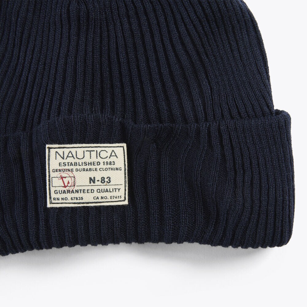 Rib-Knit Pom Hat,Navy,large