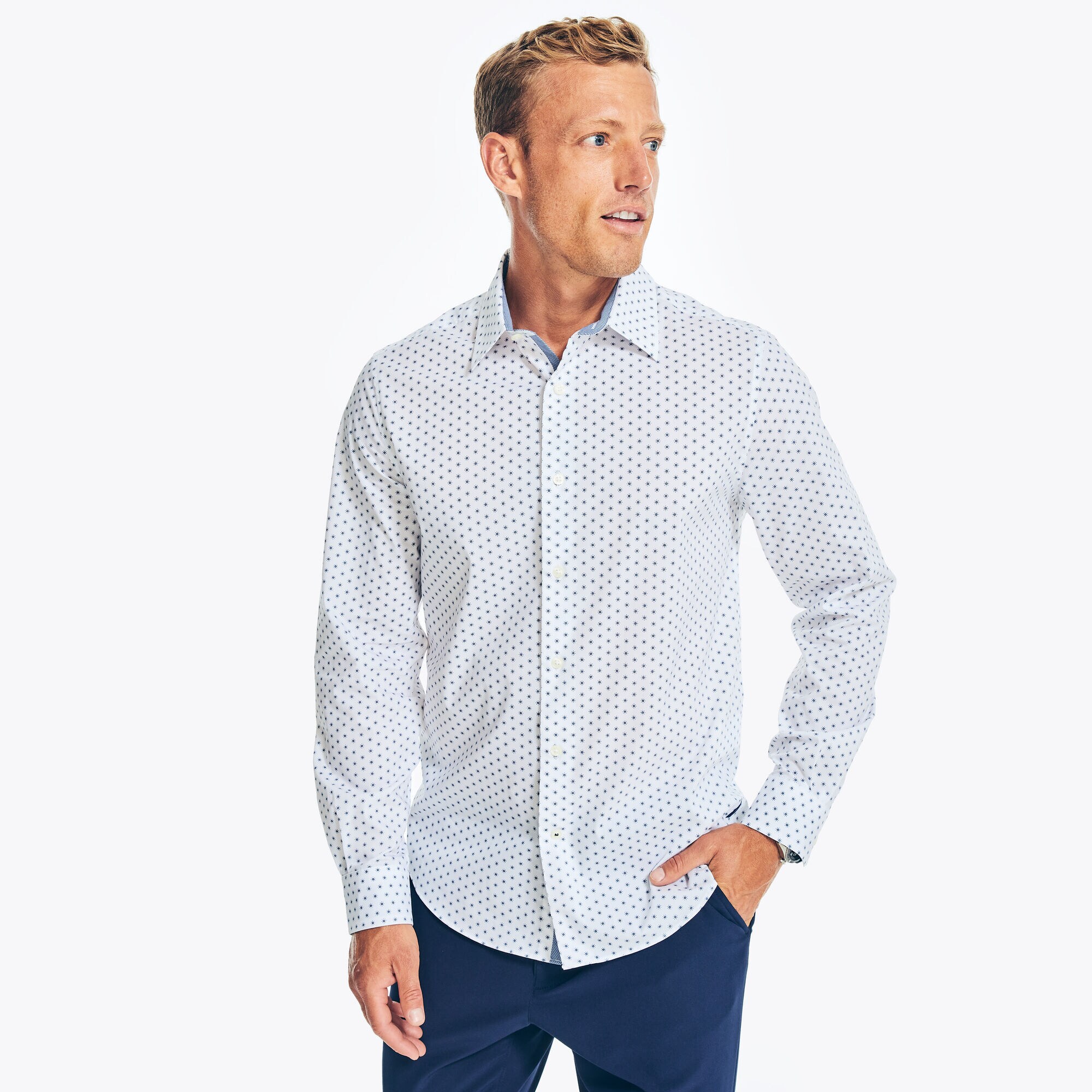 NAVTECH TRIM FIT PRINTED SHIRT,Bright White,large