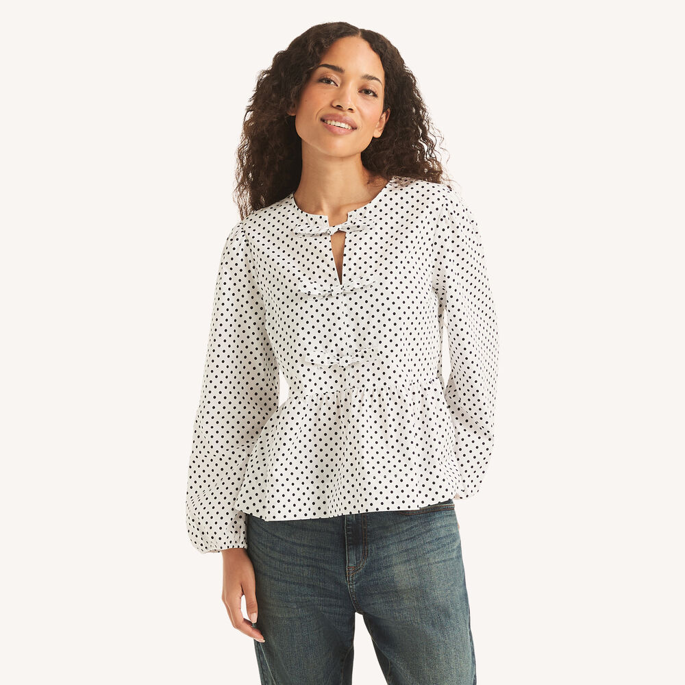 Polka Dot Tie-Front Top,Egret,large