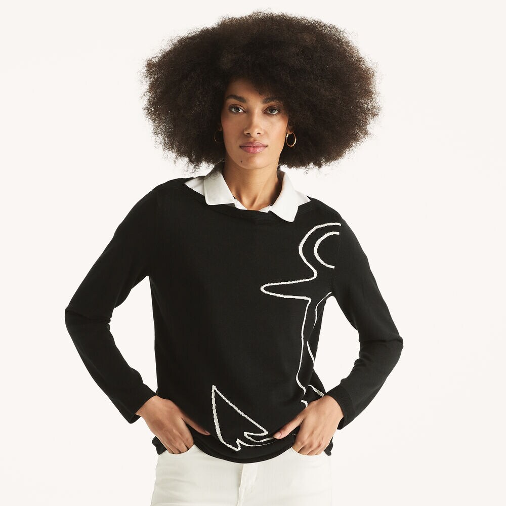 Intarsia Boatneck Sweater,True Black,large
