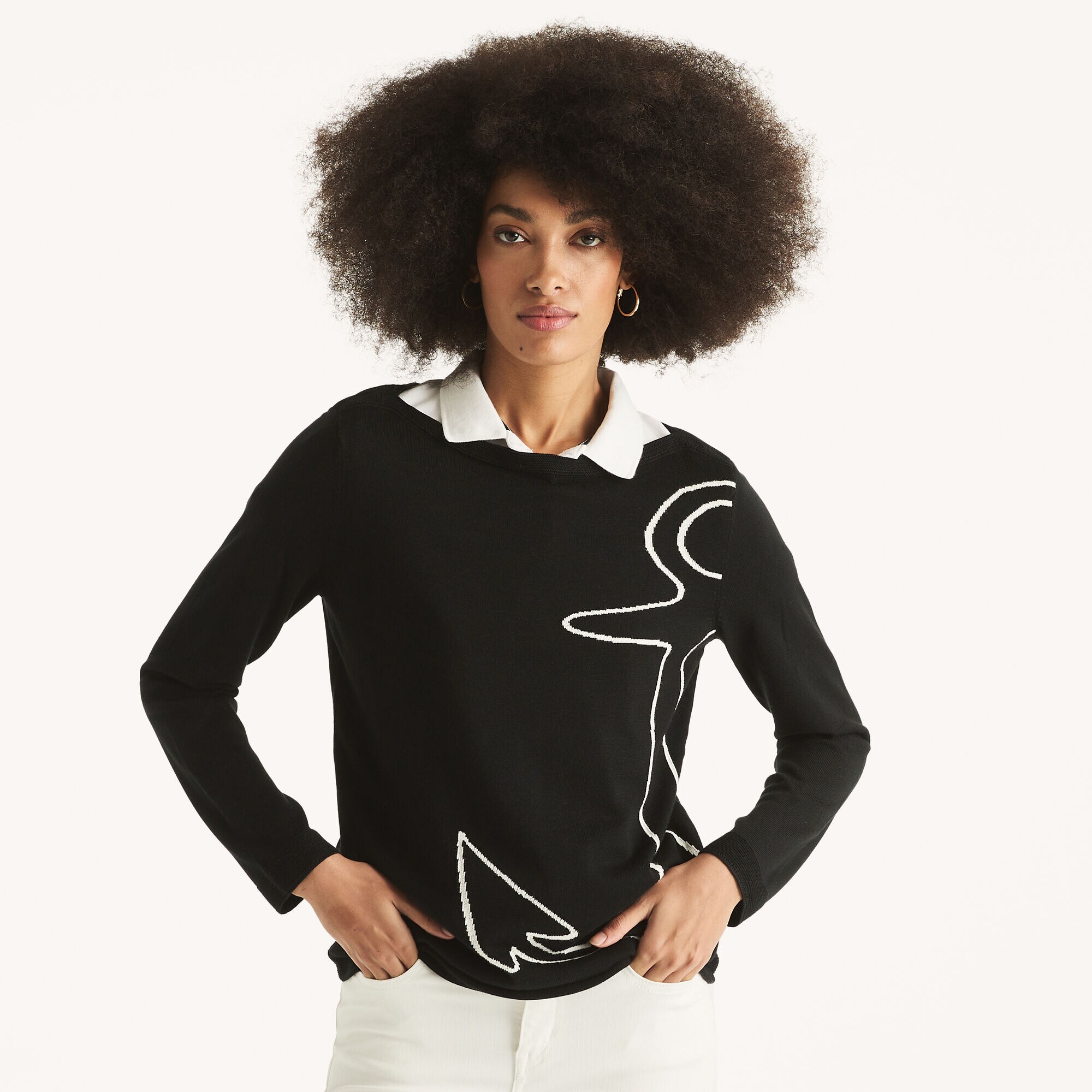Intarsia Boatneck Sweater,True Black,large