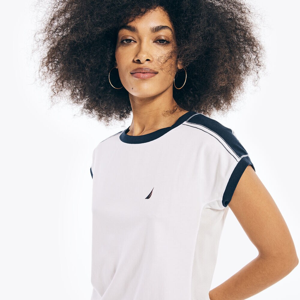 SUSTAINABLY CRAFTED CONTRAST-STRIPE MESH TOP,Bright White,large
