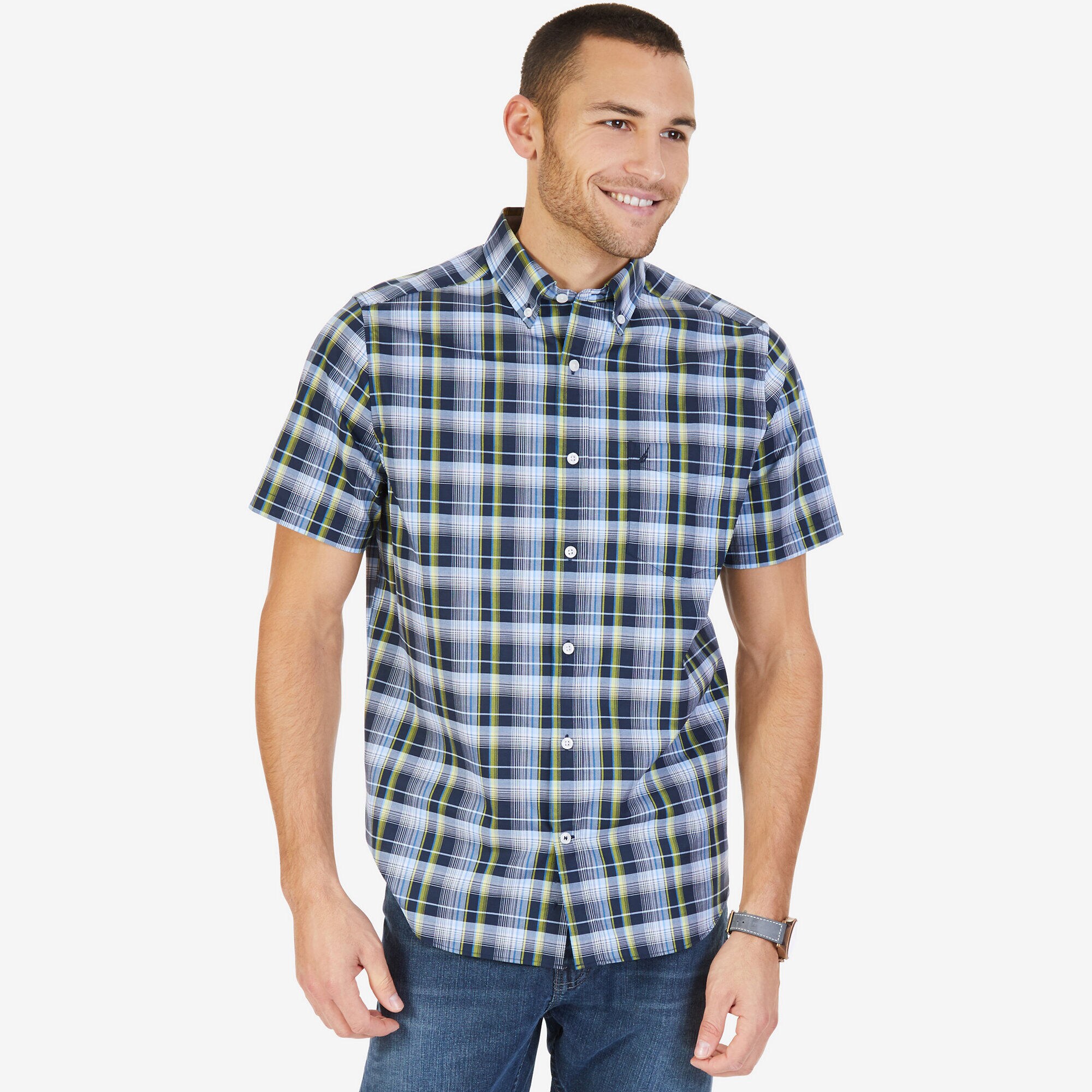 Big & Tall Madras Plaid Classic Fit Shirt,Sea Mist,large
