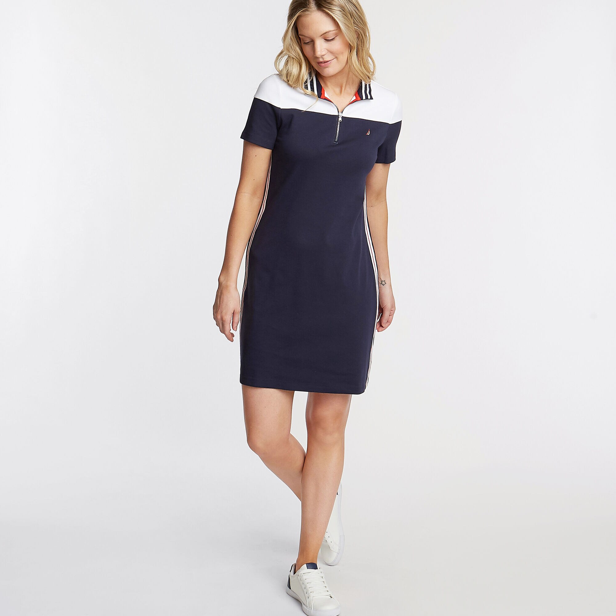Convertible Colorblock Knit Shirtdress,Stellar Blue Heather,large