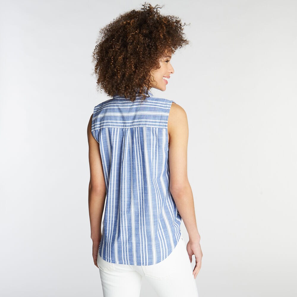 SLEEVELESS WOVEN SHIRT IN VARIGATED STRIPE,Deep Navy Heather,large