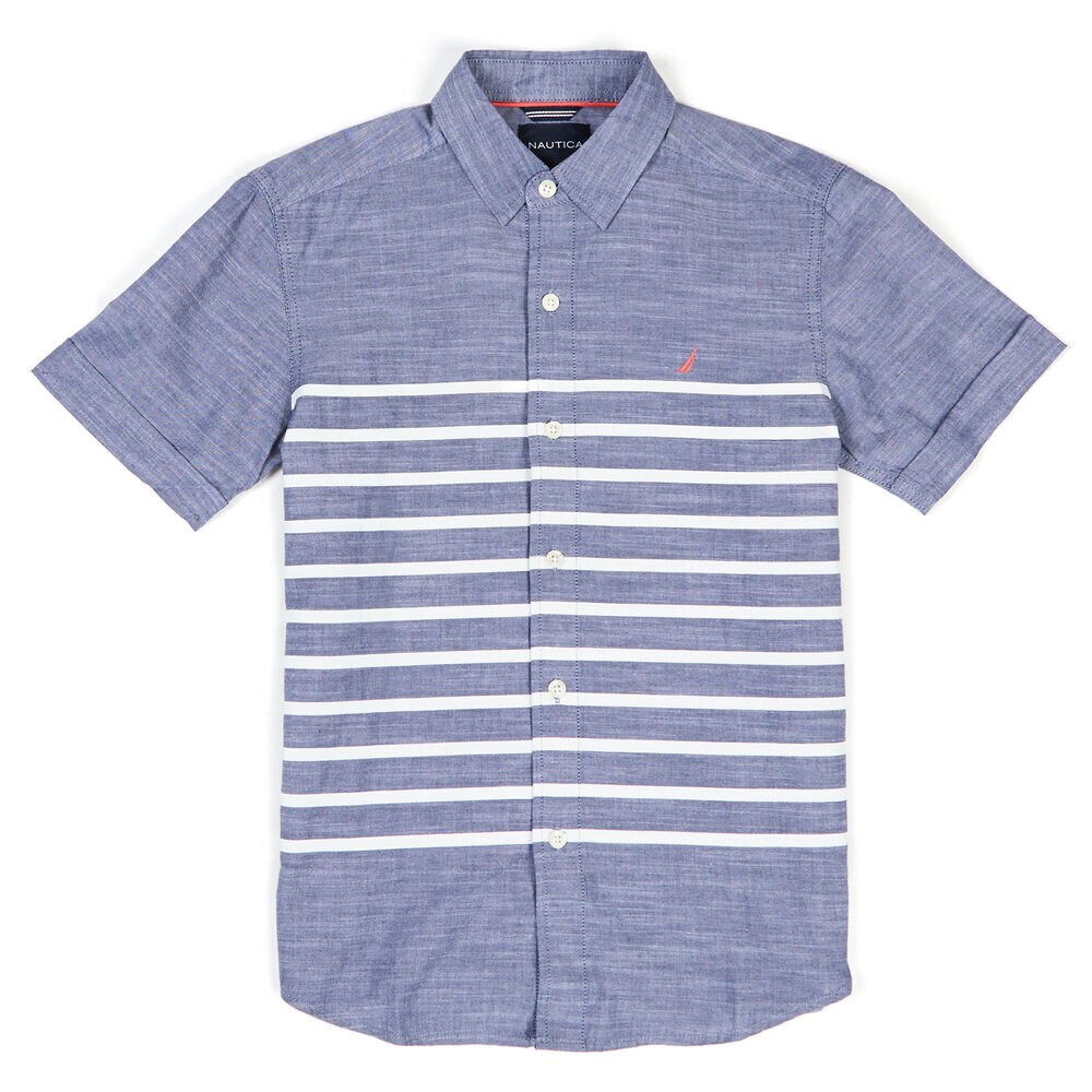 Little Boys' Striped Chambray Short Sleeve Button Down (4-7),Blue Mirage,large