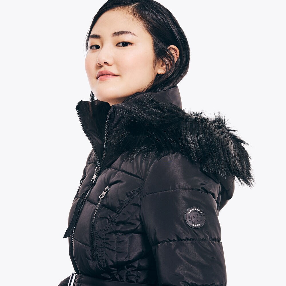 BELTED FAUX-FUR TRIMMED PUFFER,True Black,large