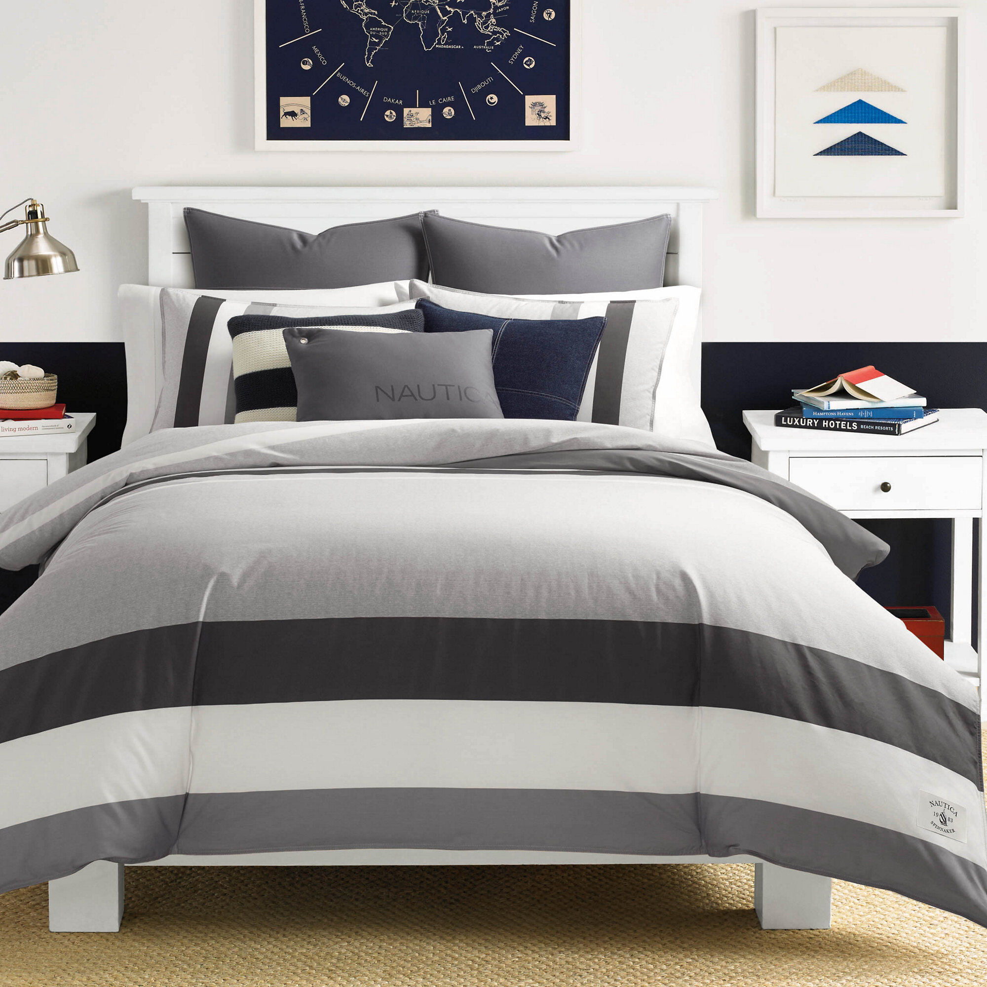 Heritage Signal Stripe Comforter Set,Navy,large