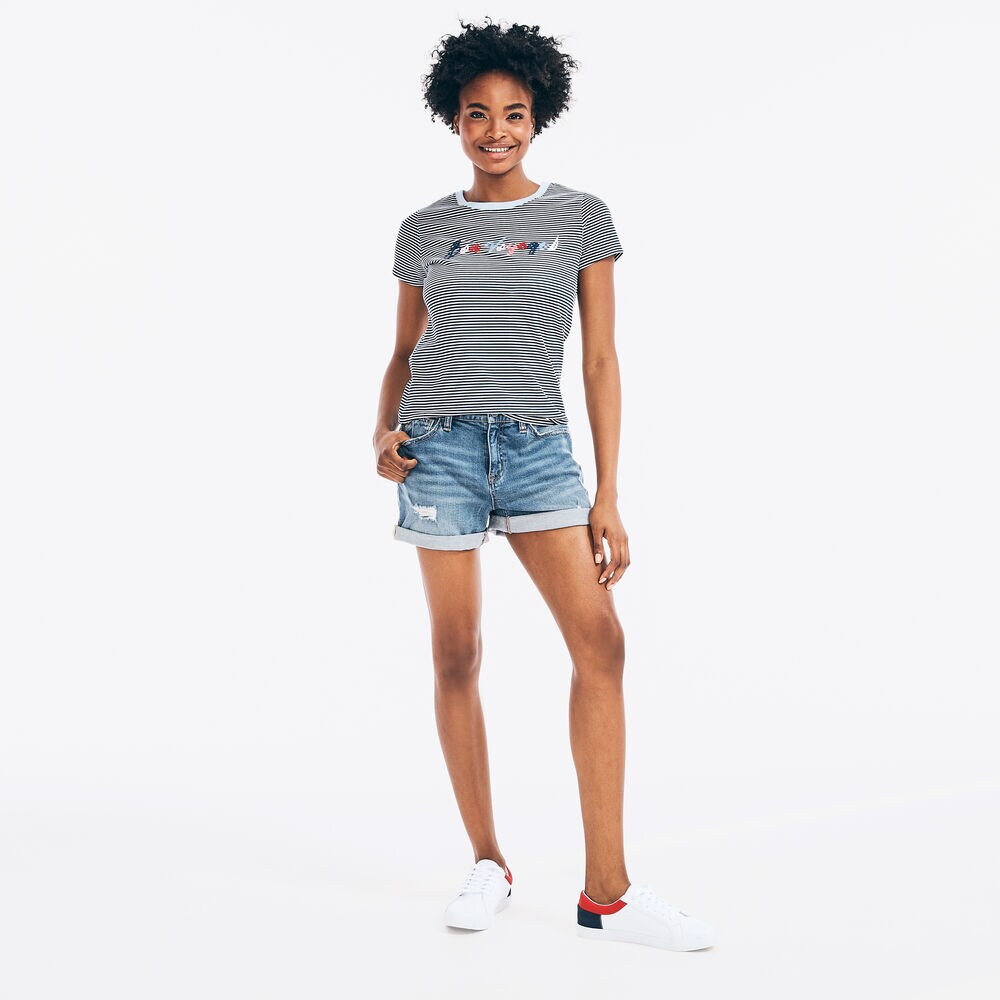 STRIPED BON VOYAGE GRAPHIC T-SHIRT,Stellar Blue Heather,large