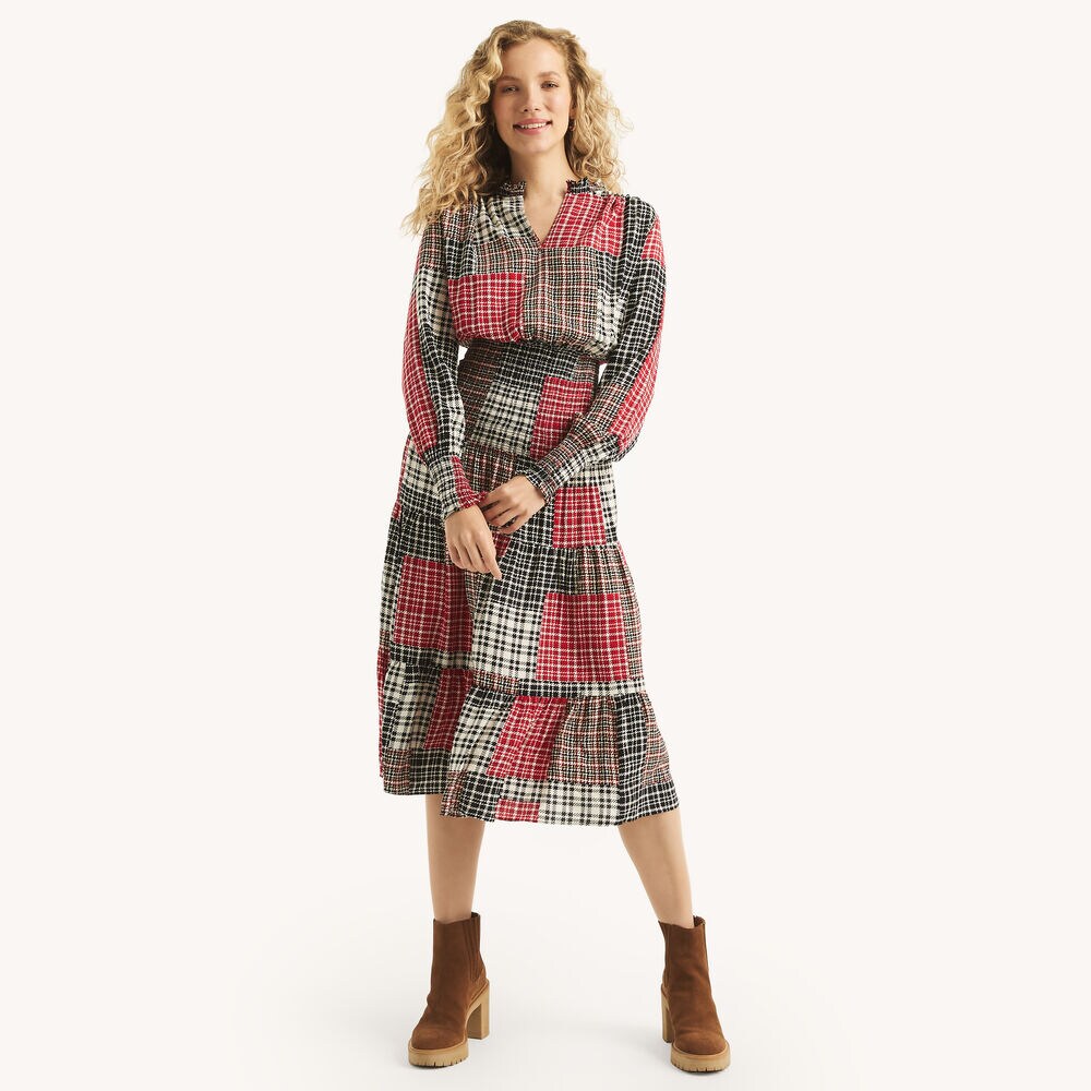 Plaid Smocked Midi Dress,True Black,large