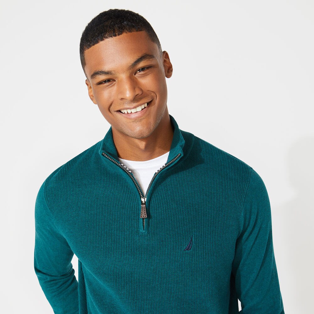 RIBBED-FRONT QUARTER-ZIP SWEATER,Shaded Spruce Heather,large