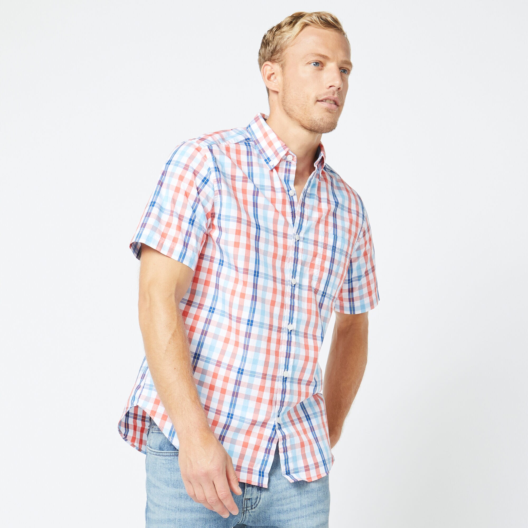  SHORT SLEEVE MULTICOLOR PLAID SHIRT,Coral Dream,large