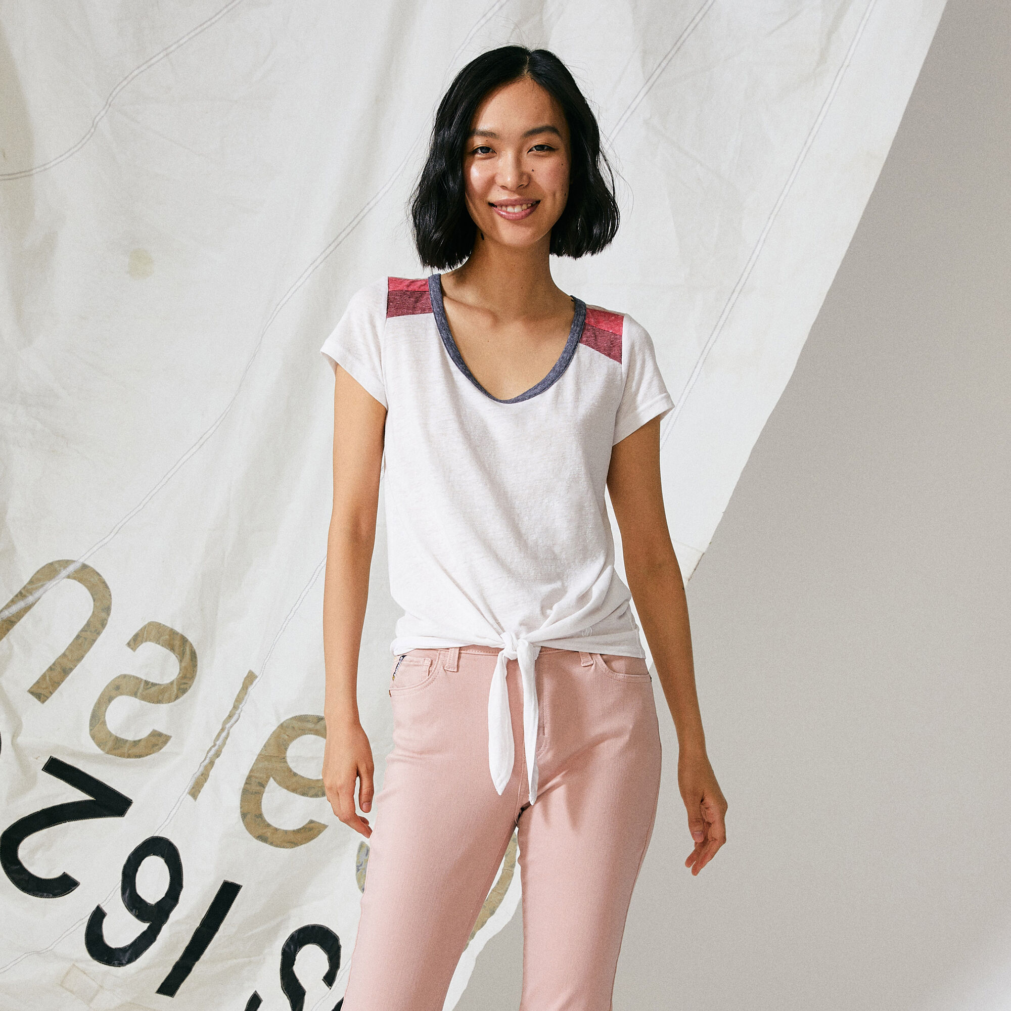 NAUTICA JEANS CO. STRIPE-SHOULDER TIE-FRONT TOP,Marshmallow,large