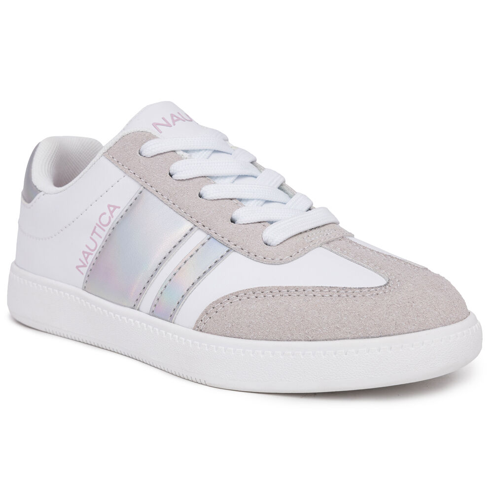 Girls' Holographic Lace-Up Sneaker,Bright White,large