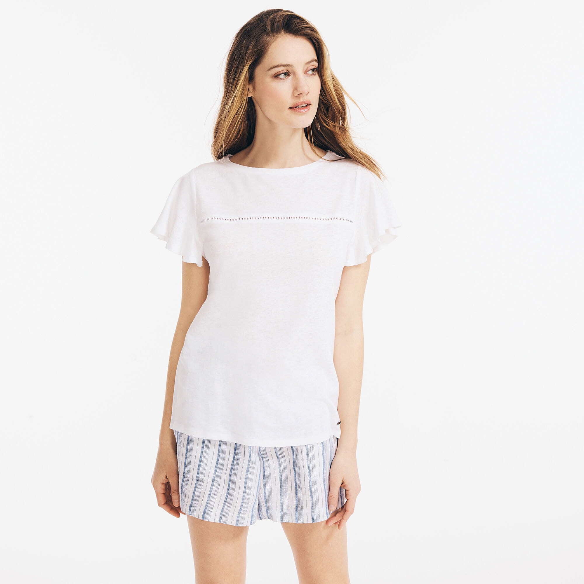 LINEN FLUTTER-SLEEVE TOP,Bright White,large