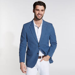 Brielle Seersucker Jacket in Plaid,Navy,large