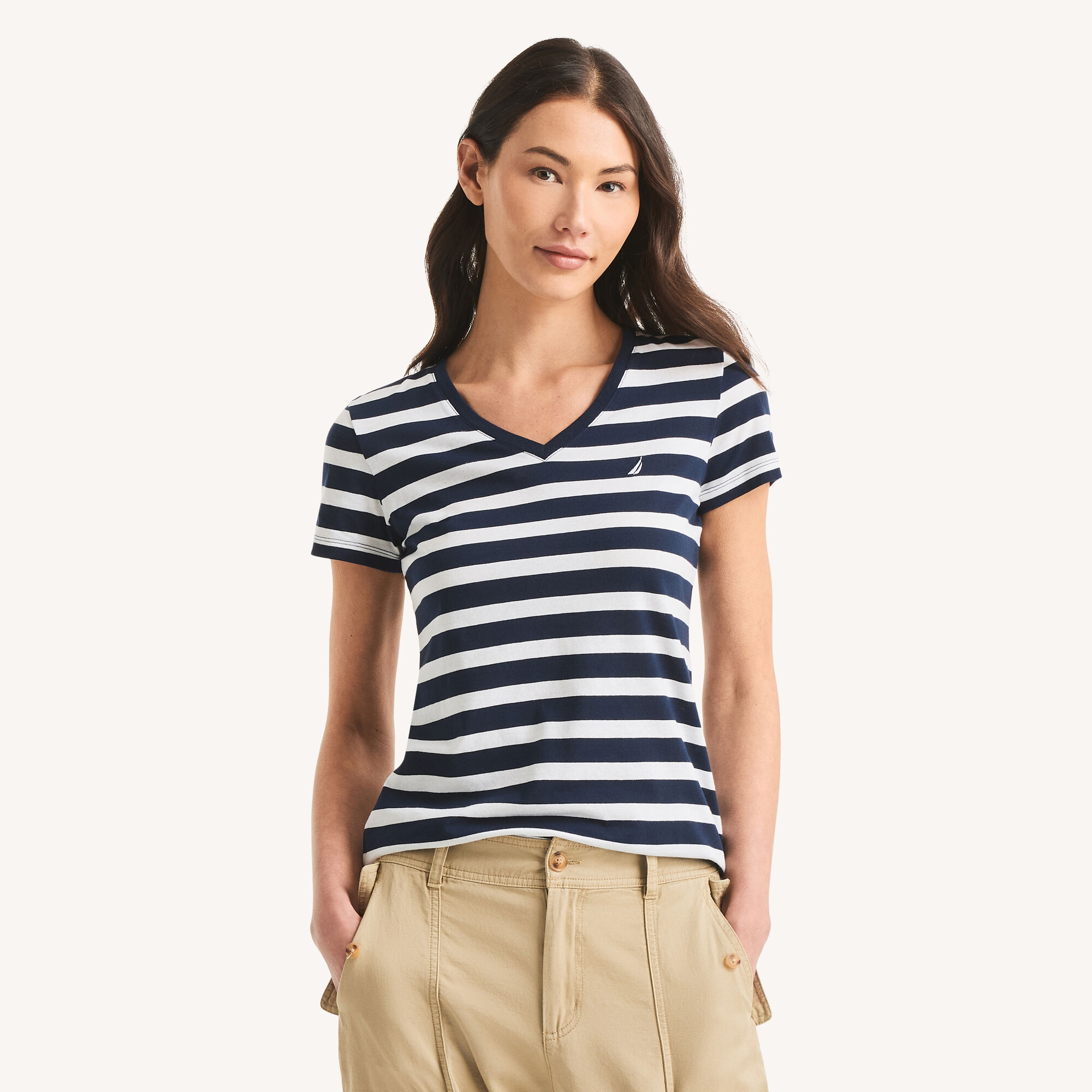 Striped V-Neck T-Shirt,Stellar Blue Heather,large