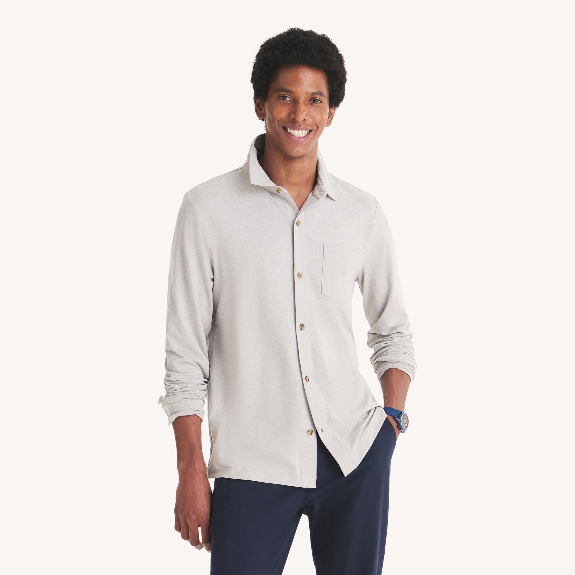 Golf Fit Long-Sleeve Button-Front Performance Polo,Grey Heather,large