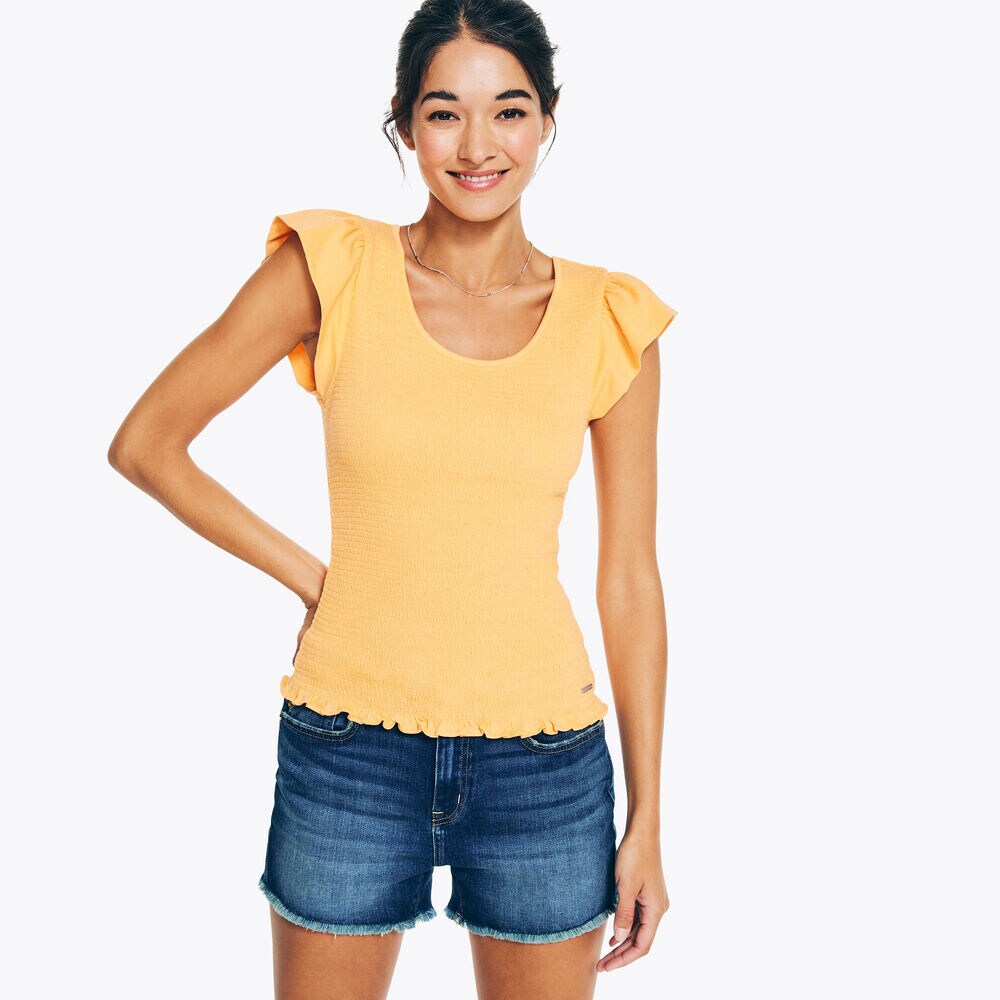 Smocked Flutter-Sleeve Top,Fire Orange,large