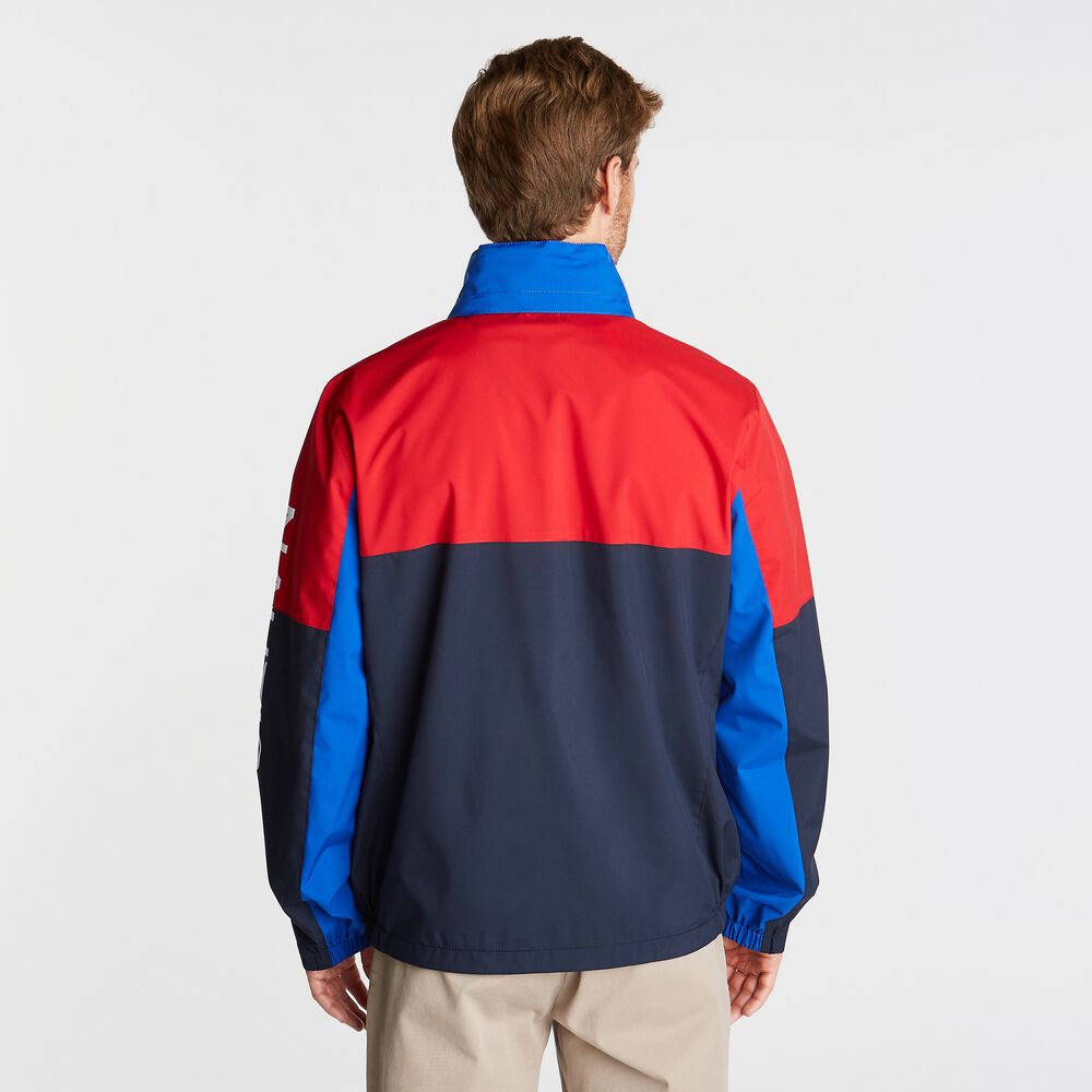 BIG & TALL LIGHTWEIGHT COLORBLOCK BOMBER WITH CONCEALED HOOD,Navy,large