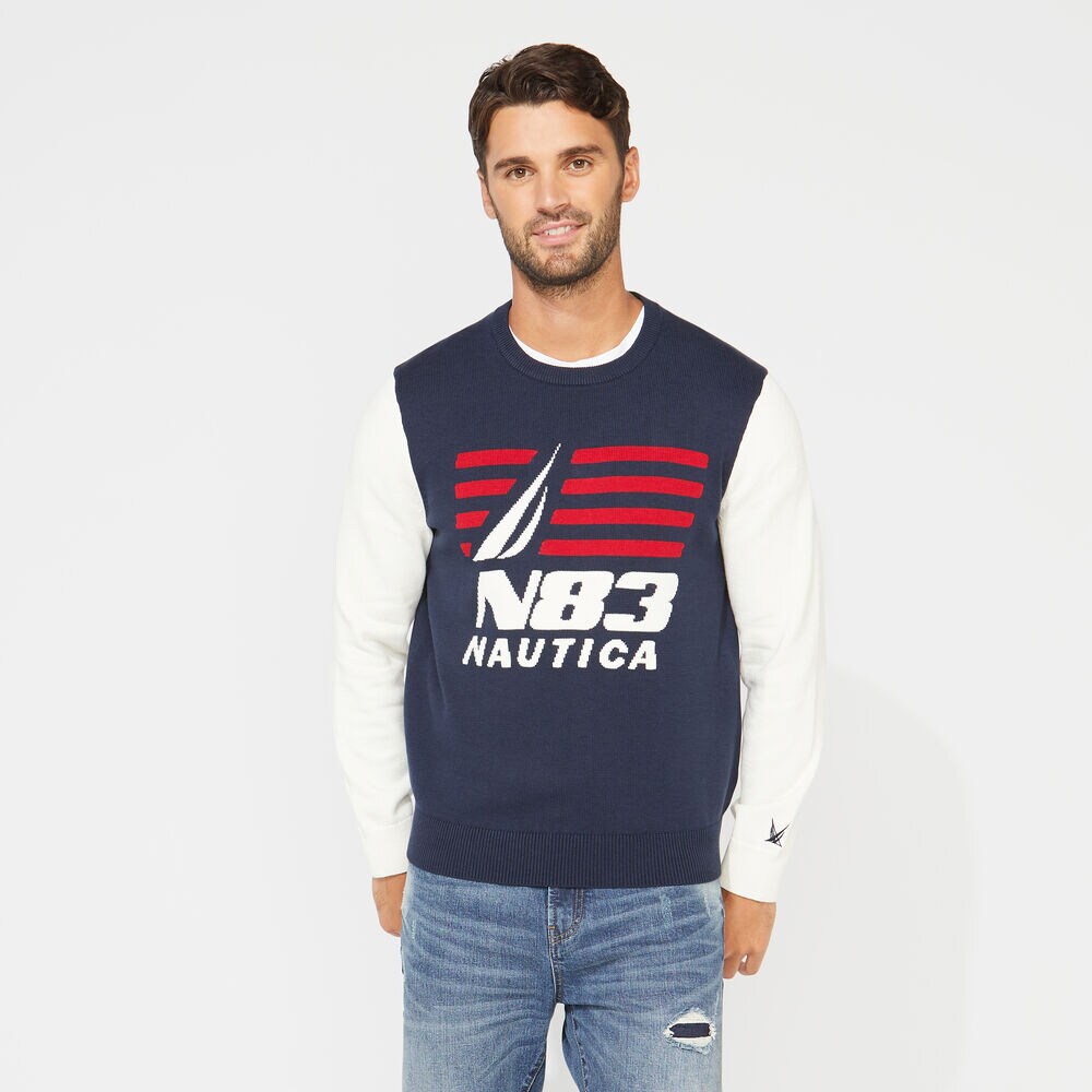 N83 COLORBLOCK GRAPHIC SWEATER,Navy,large