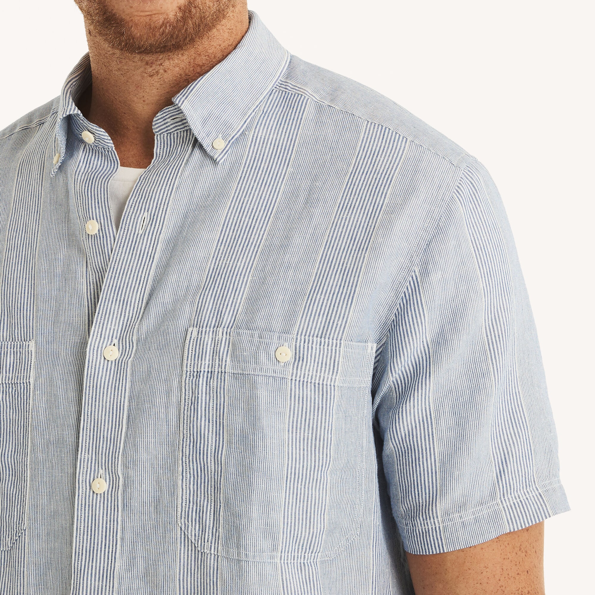 Big & Tall Nautica Jeans Co. Linen Striped Short-Sleeve Shirt,Deep Navy Heather,large