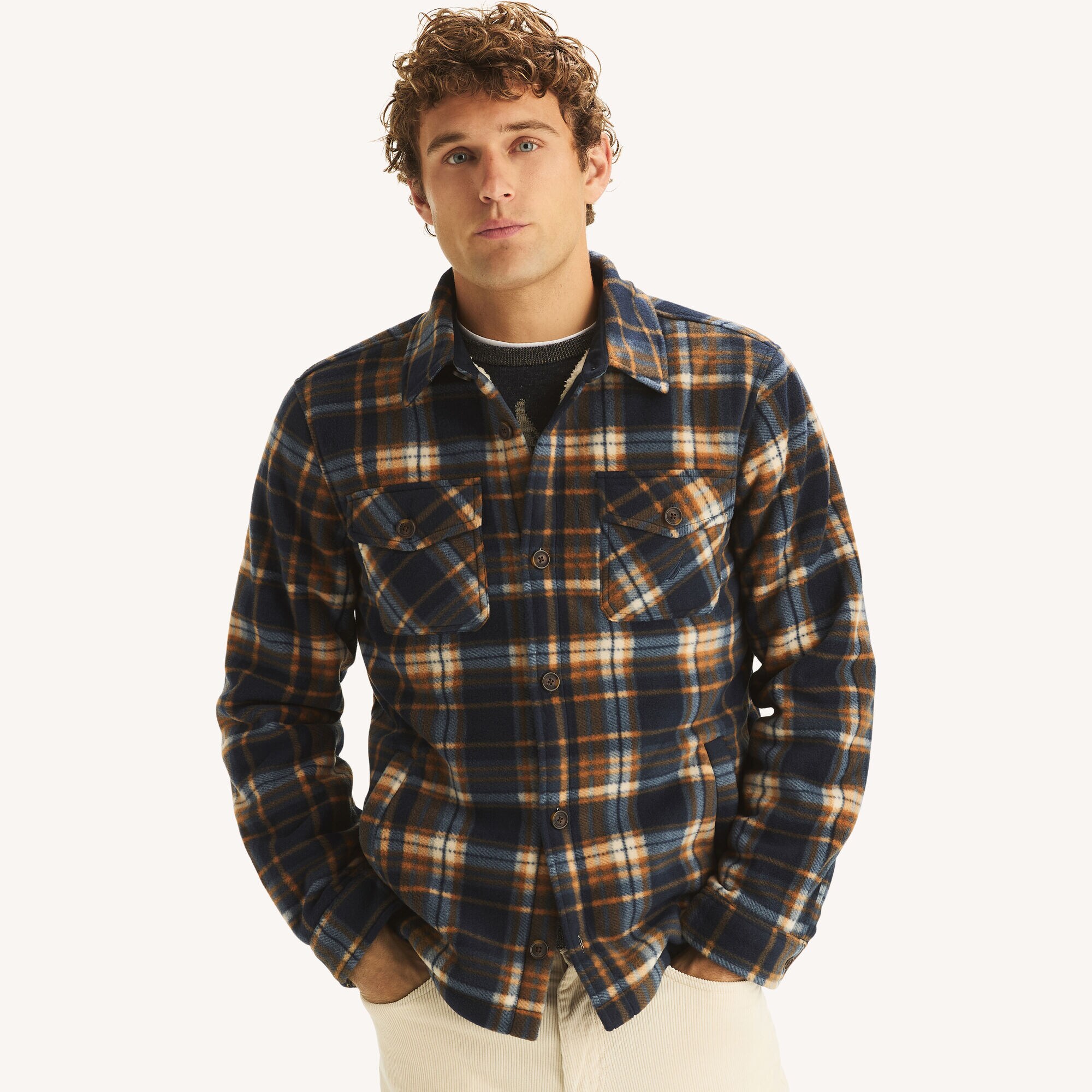 Plaid Shacket,Navy,large