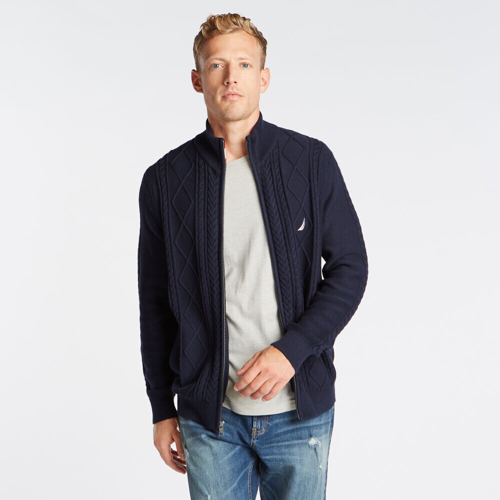 FULL ZIP CABLE KNIT SWEATER,Navy,large