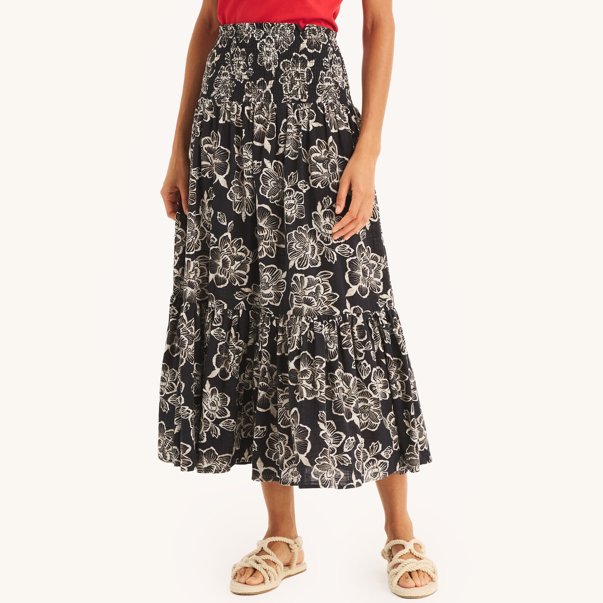 Smocked Printed Midi Skirt,Navy,large