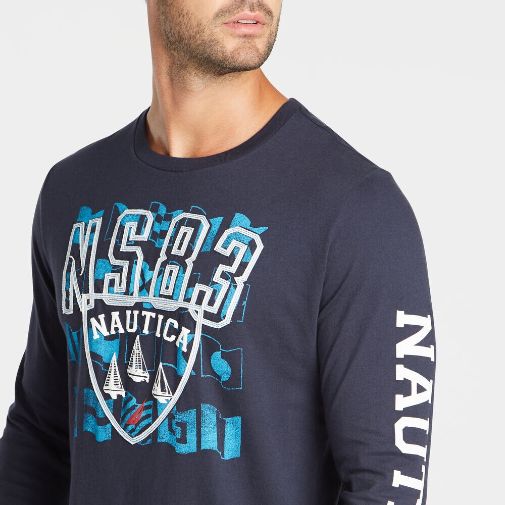 LAYERED LOGO AND FLAG GRAPHIC LONG SLEEVE T-SHIRT,Navy,large