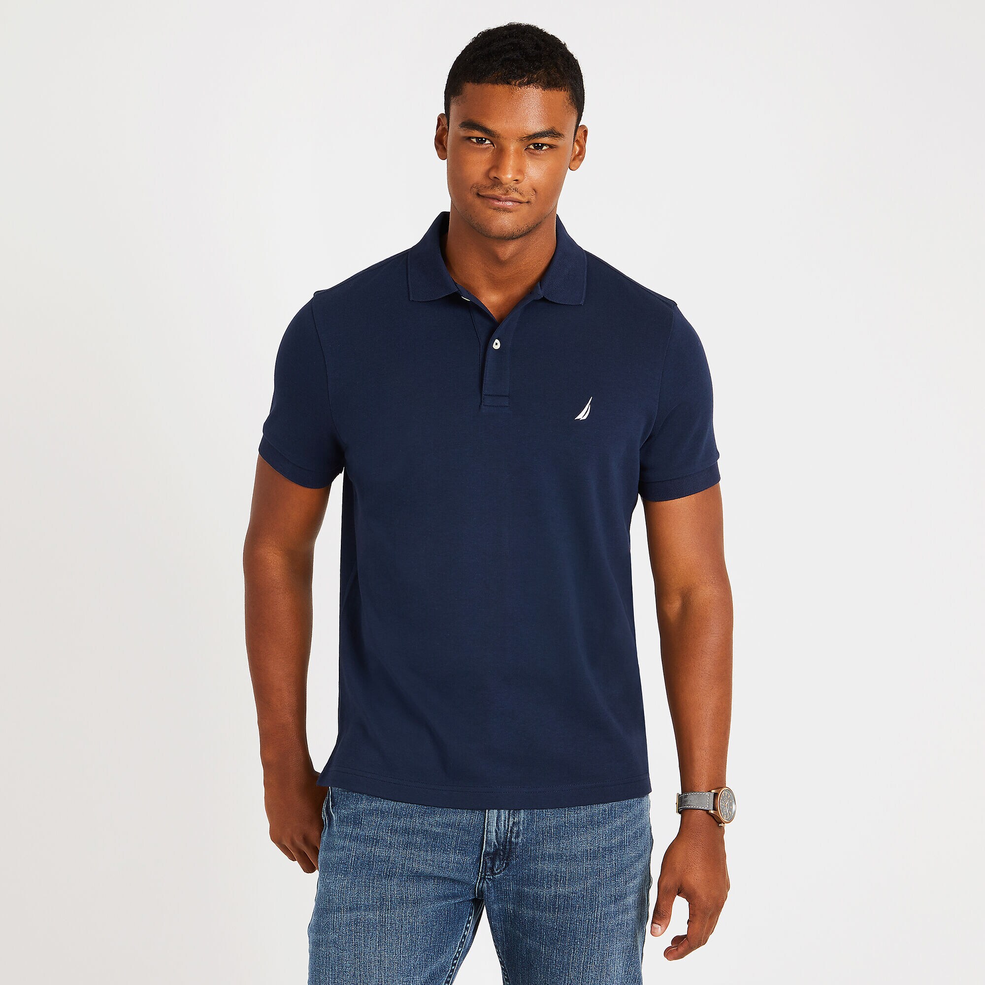 CLASSIC FIT BRAND ICON STRETCH POLO,Navy,large