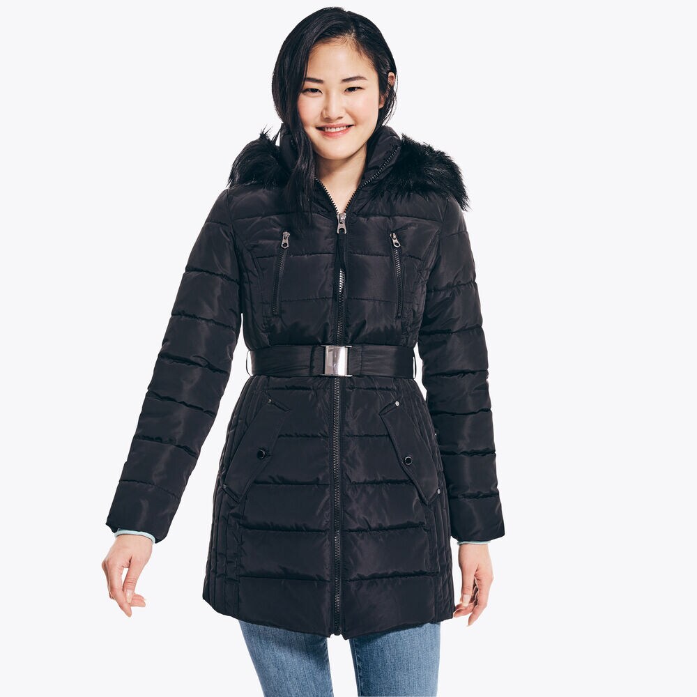 BELTED FAUX-FUR TRIMMED PUFFER,True Black,large