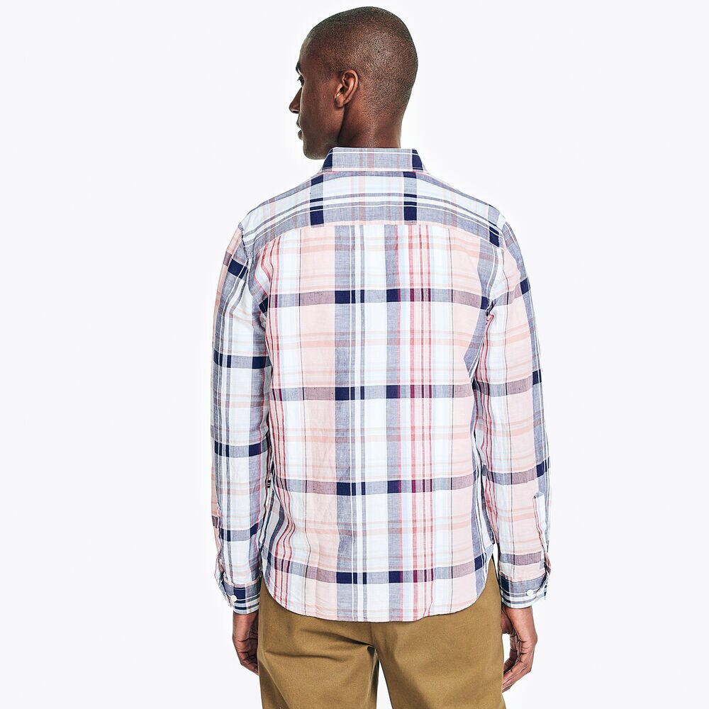 CLASSIC FIT PLAID LINEN SHIRT,Pomegranate,large