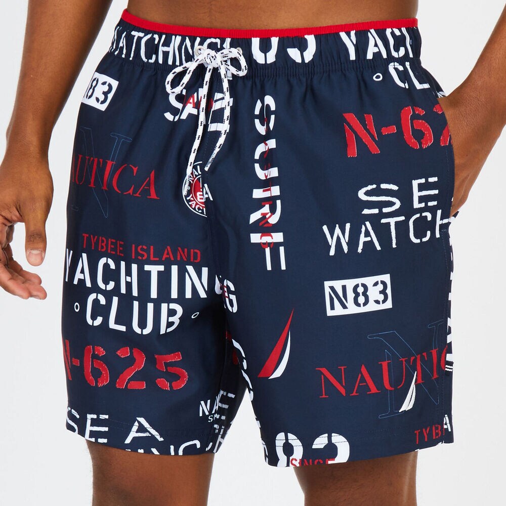 Quick-Dry Yacht Club Logo Swim Shorts,Navy,large