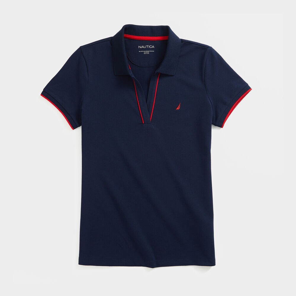 SUSTAINABLY CRAFTED SIDE STRIPE SPLIT-NECK POLO,Stellar Blue Heather,large