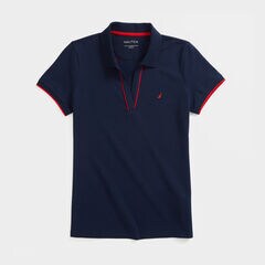 SUSTAINABLY CRAFTED SIDE STRIPE SPLIT-NECK POLO,Stellar Blue Heather,large