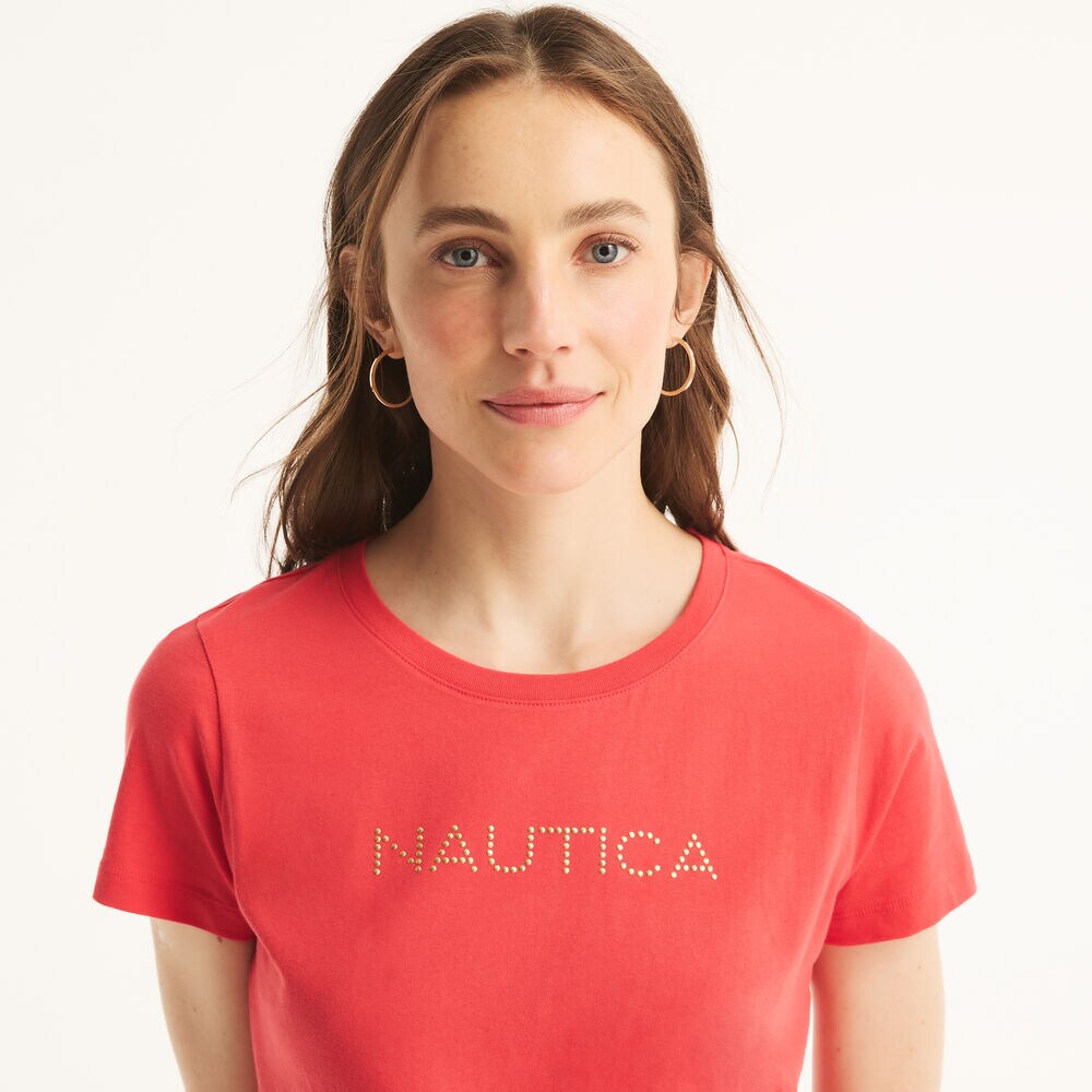 Studded Logo Crewneck T-Shirt,Tomato,large