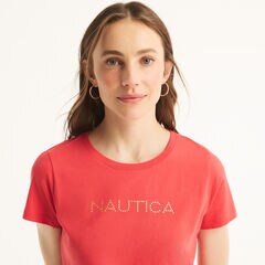 Studded Logo Crewneck T-Shirt,Tomato,large