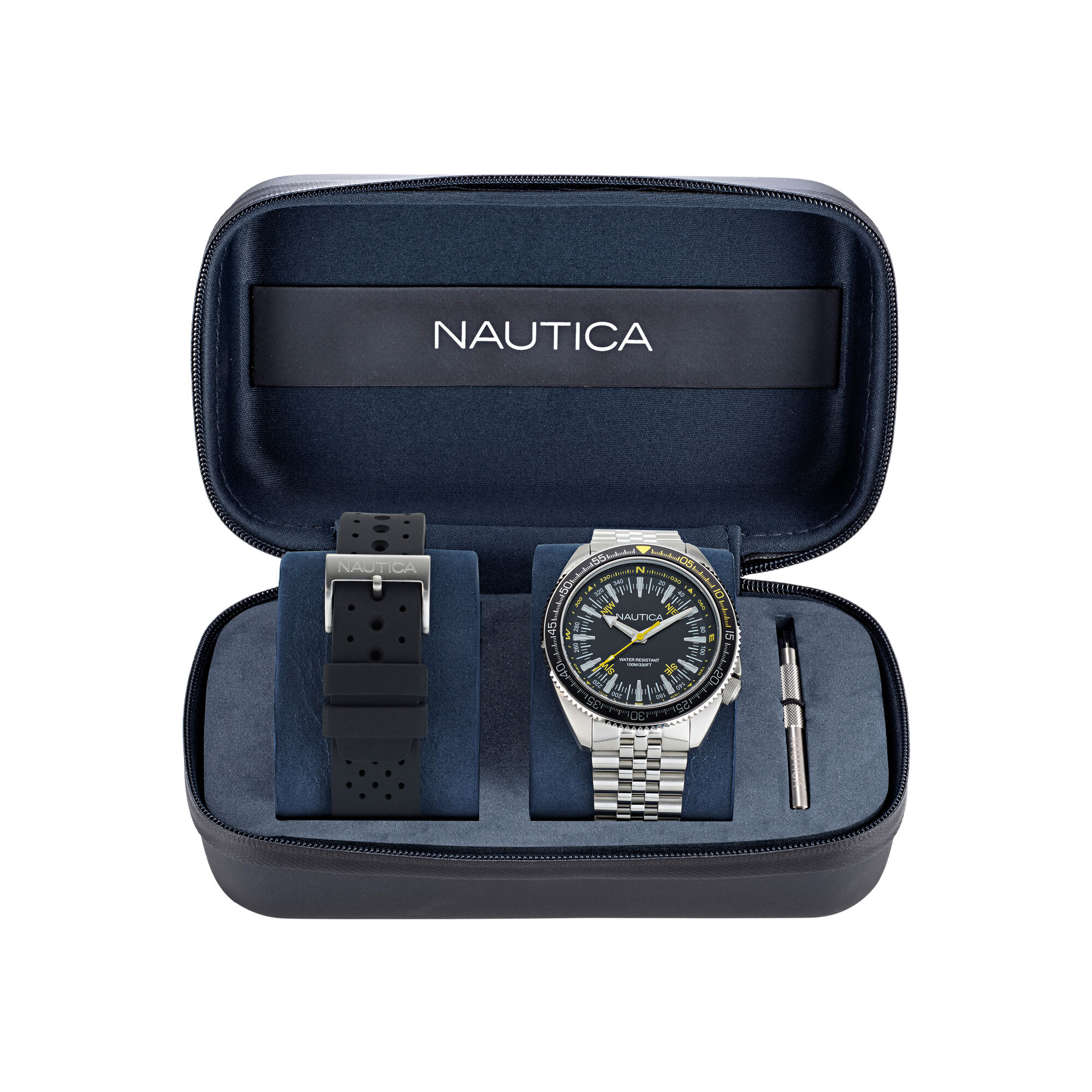 Nautica Vintage Stainless Steel And Silicone Watch Box Set,Multi,large