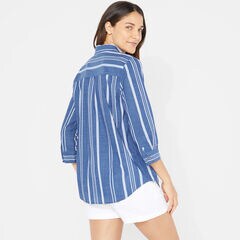 THREE-QUARTER SLEEVE STRIPE POPOVER SHIRT,J Navy,large