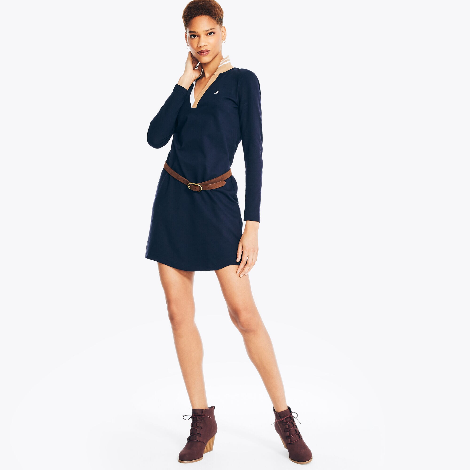 Sustainably Crafted Long-Sleeve Polo Dress,Stellar Blue Heather,large