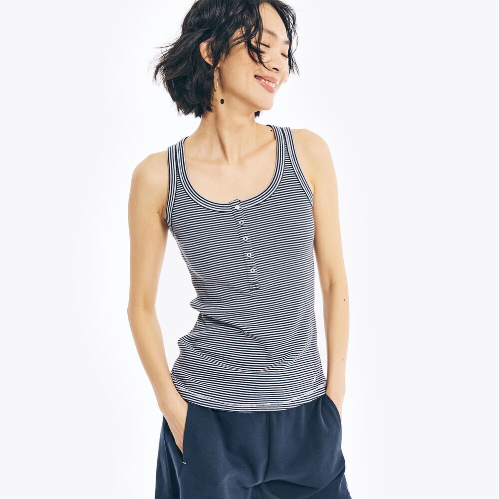 STRIPED RIBBED TANK TOP,Stellar Blue Heather,large
