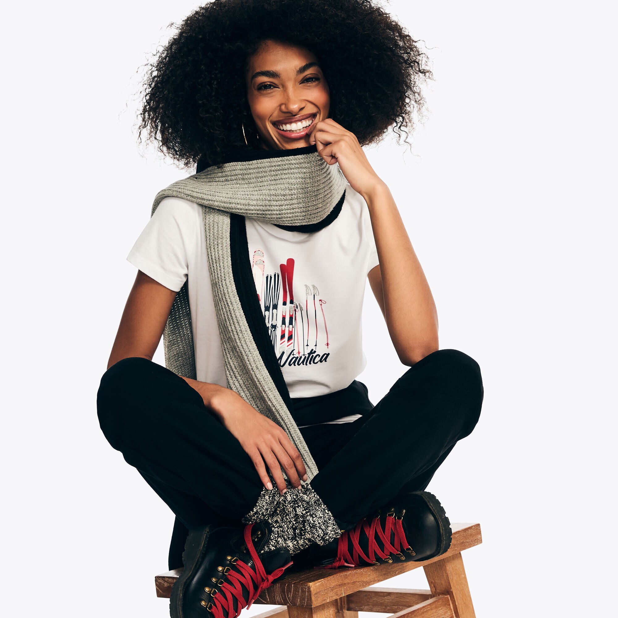 Sustainably Crafted Nautica Skiing Glitter Graphic T-Shirt,Bright White,large