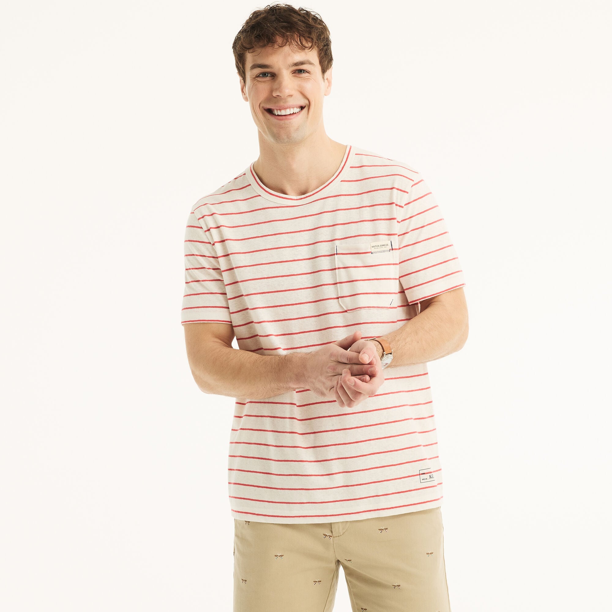 Nautica Jeans Co. Striped Linen Crewneck T-Shirt,Sail White,large
