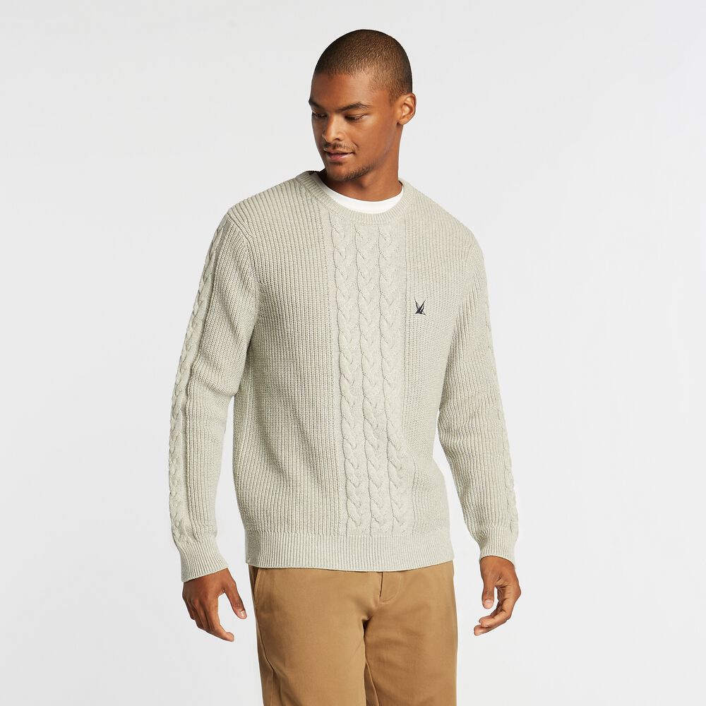 BRAND ICON CABLE-KNIT SWEATER,Grey Heather,large