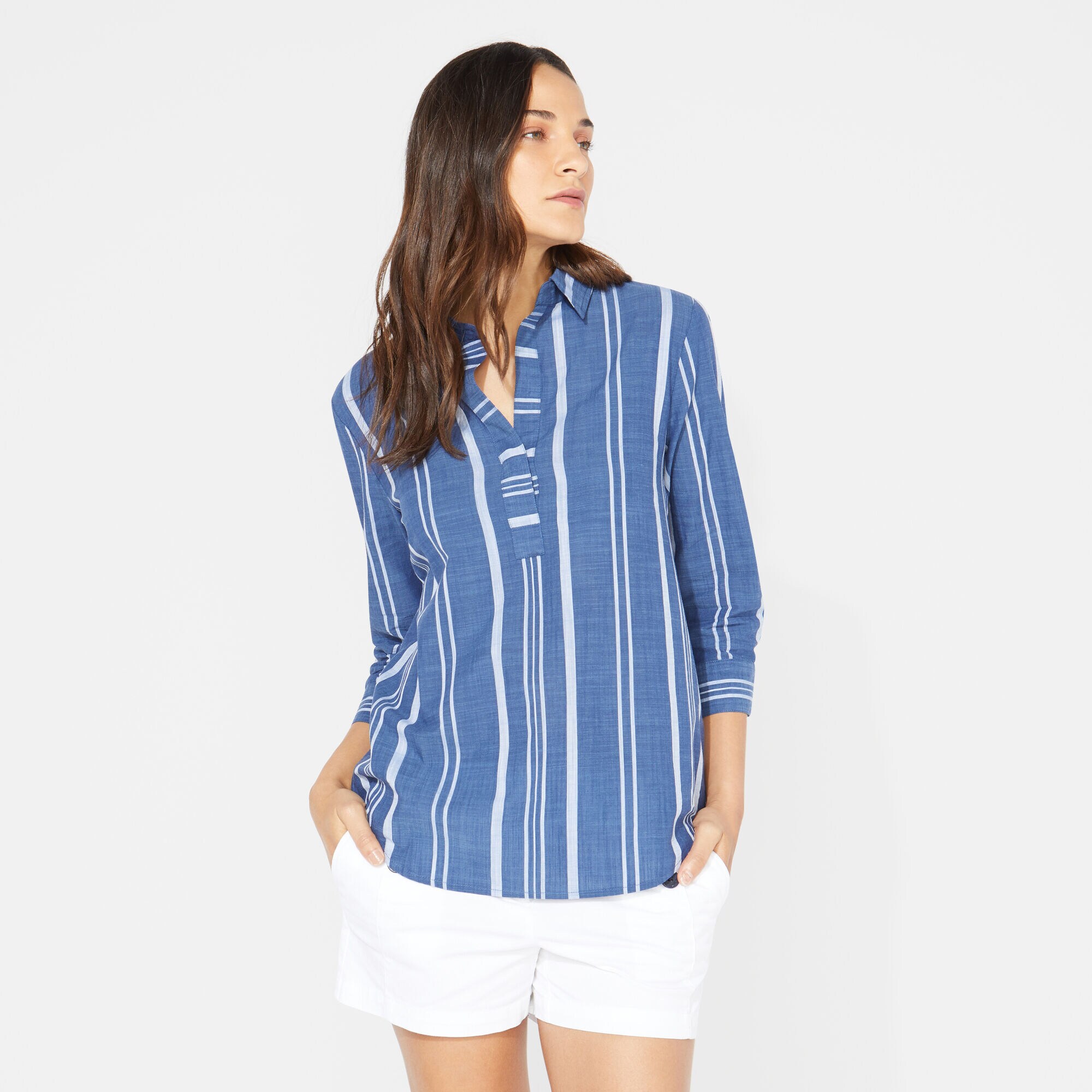 THREE-QUARTER SLEEVE STRIPE POPOVER SHIRT,J Navy,large