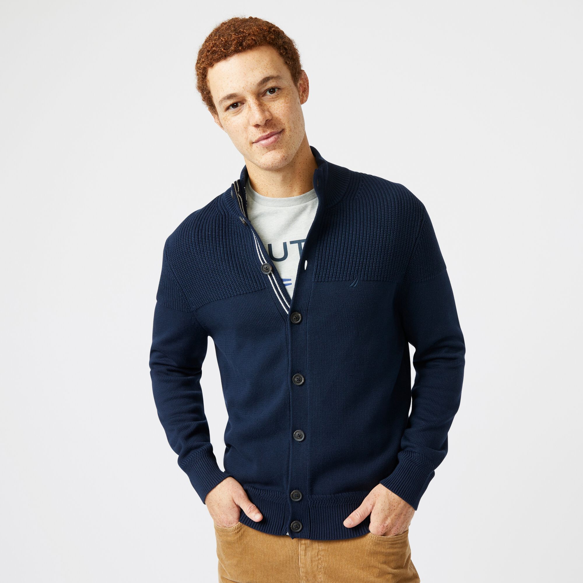 BIG & TALL TEXTURED BUTTON CARDIGAN,Navy,large