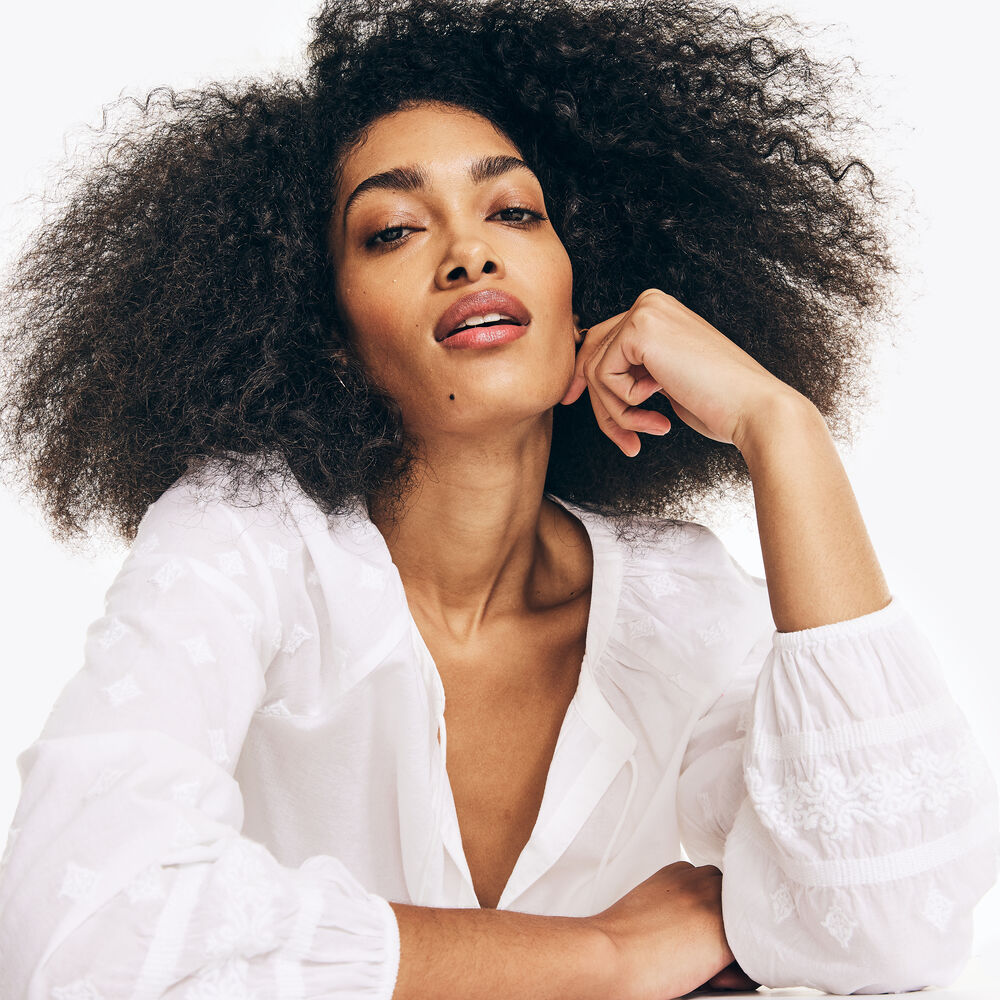 EMBROIDERED SPLIT-NECK TOP,Bright White,large