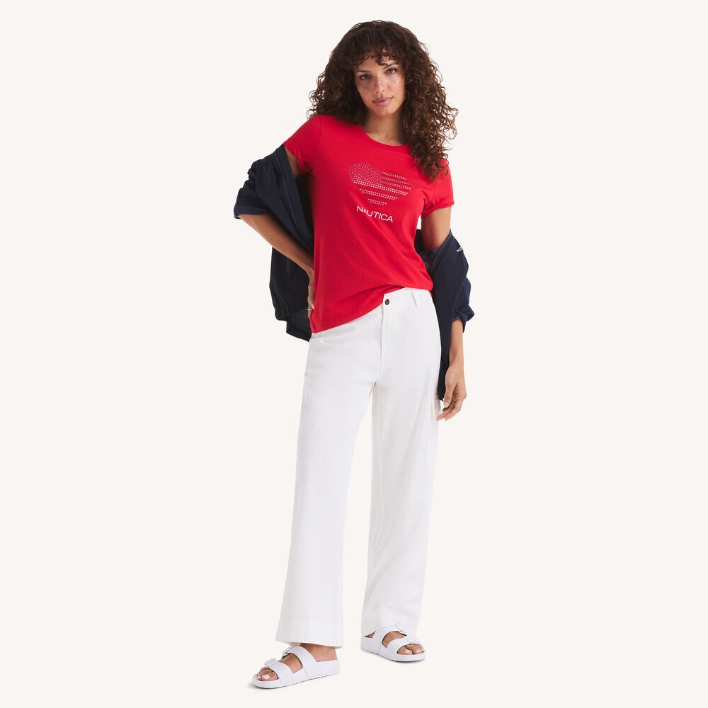 Rhinestone Flag Heart Graphic T-Shirt,Tomales Red,large