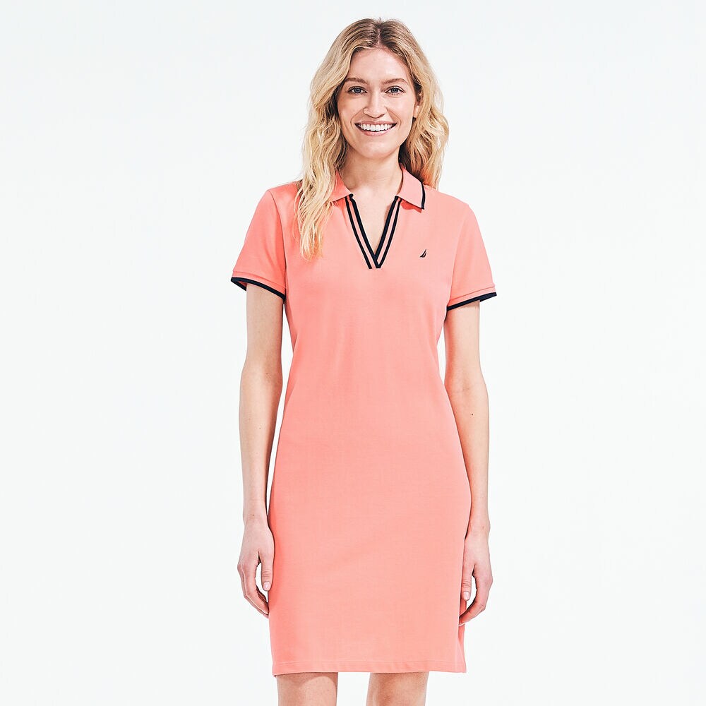 SUSTAINABLY CRAFTED SPLIT-NECK POLO DRESS,Sugar Coral,large